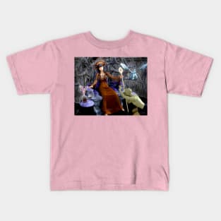 Witch warrior queen on throne with vassal and baby dragon Kids T-Shirt